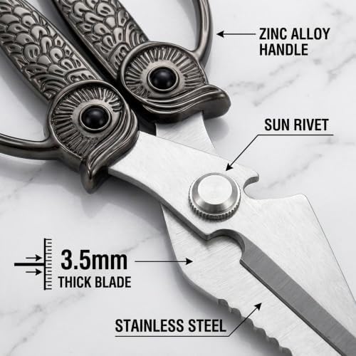 XSNBRD Kitchen Shears Sharp, Black Gun Stainless Steel Owl Scissors Large