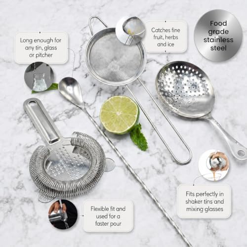 Cocktail Strainer Set Stainless Steel Bar Tools with Stirring Spoon - Hawthorne, Julep, & Fine-Mesh Sifter for Drinks