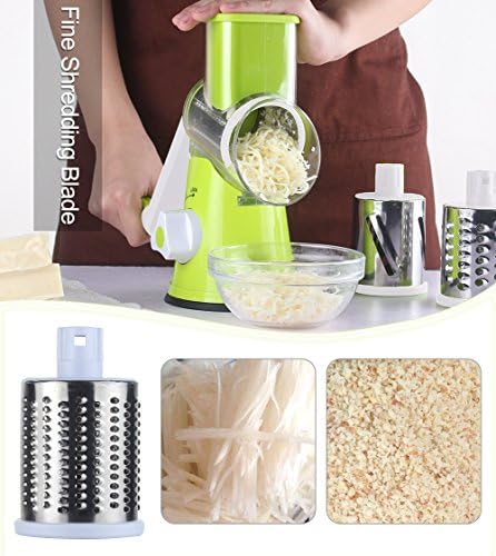 Ourokhome Rotary Cheese Grater with 3 Stainless Steel Drum Blades and 12 in 1 Professional Mandolin Slicer for Kitchen with 1.7 L Vegetable Container