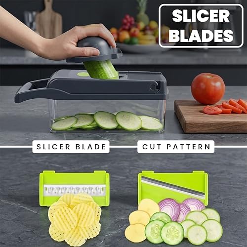 Vegetable Chopper 16 in 1- Multifunctional Food Chopper with 7 Blades- Mandoline Slicer, Dicer, Cutter, Peeler & Grater for Onion, Potato, Salad, Carrot, Garlic with Drain Basket & Container