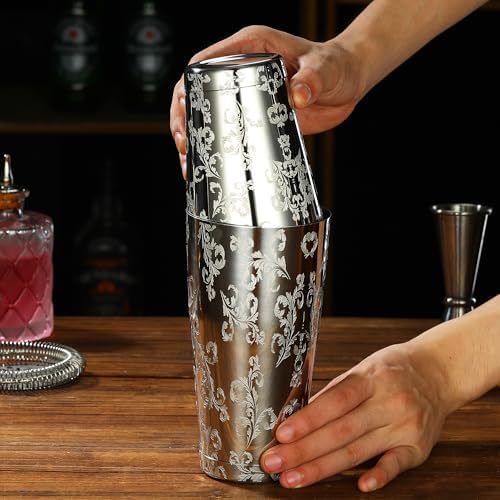 Stainless Steel Boston Shaker with Etched Pattern Weighted Shaking Tin Set (Leaf Silver)