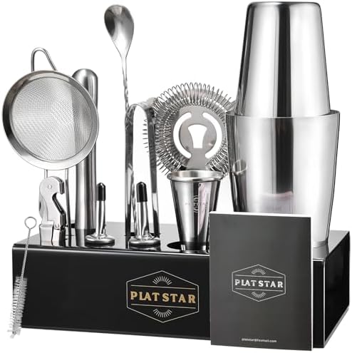 Mixology Bartender Kit with Stand, Home Bar Set Cocktail Shakers Bartending Kit, Bar Tools Boston Shaker Set, Professional Drink Mixing Martini Making Barware with Recipe Book