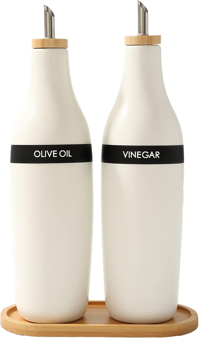 HOMCDALY Olive Oil and Vinegar Dispenser Set, Two 16oz Ceramic Oil Dispenser for Kitchen, Kitchen Dispenser Bottle for EVOO Vinegar Syrups, Modern Farmhouse Design| Set of 2 – white