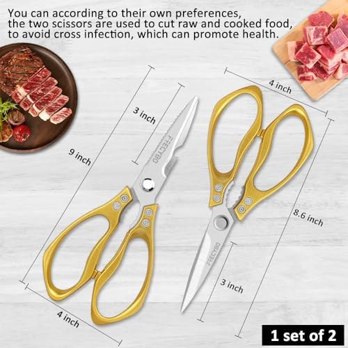 Kitchen Scissors, 2-Pack Multipurpose Kitchen Shears with Comfort Grip, Stainless Steel Cooking Scissors for Cutting Chicken, Meat, Food, Fish, Bread (Golden)