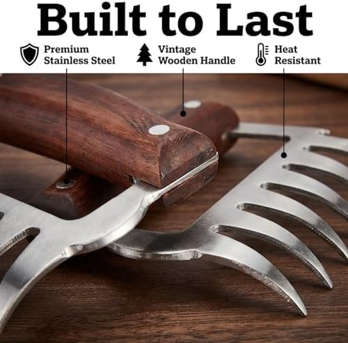 Meat Shredder Claws Set of 2 – Heavy Duty Stainless Steel with Wood Handle for Pulled Pork, Chicken & Brisket, BBQ Bear Claws with Cutting Edge & Bottle Opener – Dishwasher Safe, Ergonomic Grip