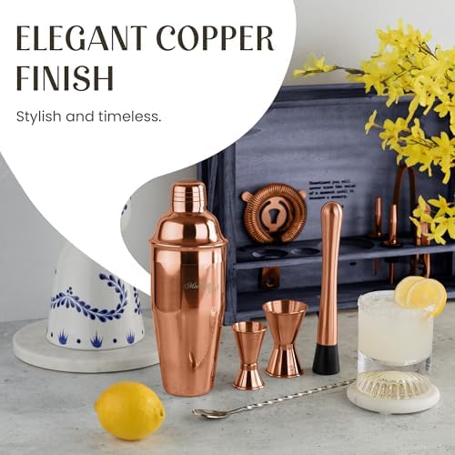 Mixology & Craft Rustic Cocktail Shaker Set – Includes Wood Stand, Complete Barware Kit with 24 Oz Shaker, Dual Jiggers, Pourers, Muddler, Strainer – Perfect for Home Bartenders (Copper)