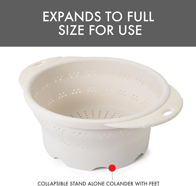 Dexas 10" Collapsible Silicone Colander in Cream, Kitchen Strainer with Handles, 15.1 Cup Capacity | BPA-Free, Heat-Resistant, Space-Saving Kitchen Tool