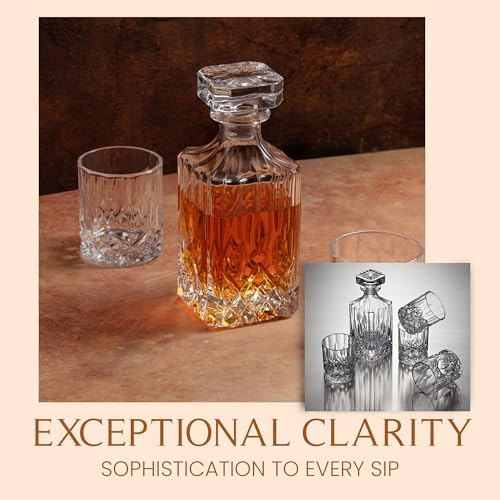 Mixology & Craft Luxury Whiskey Decanter Gift Set - 25oz Crystal Decanter, 4 Old-Fashioned Glasses, 4 Slate Coasters with Diamond Pattern Premium Black Gift Box