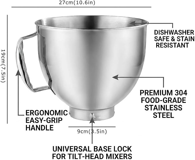 Stainless Steel Mixer Bowl Fit for KitchenAid Artisan&Classic Series 4.5-5 QT Tilt-Head Stand Mixer, Mixing Bowl with Comfortable Handle