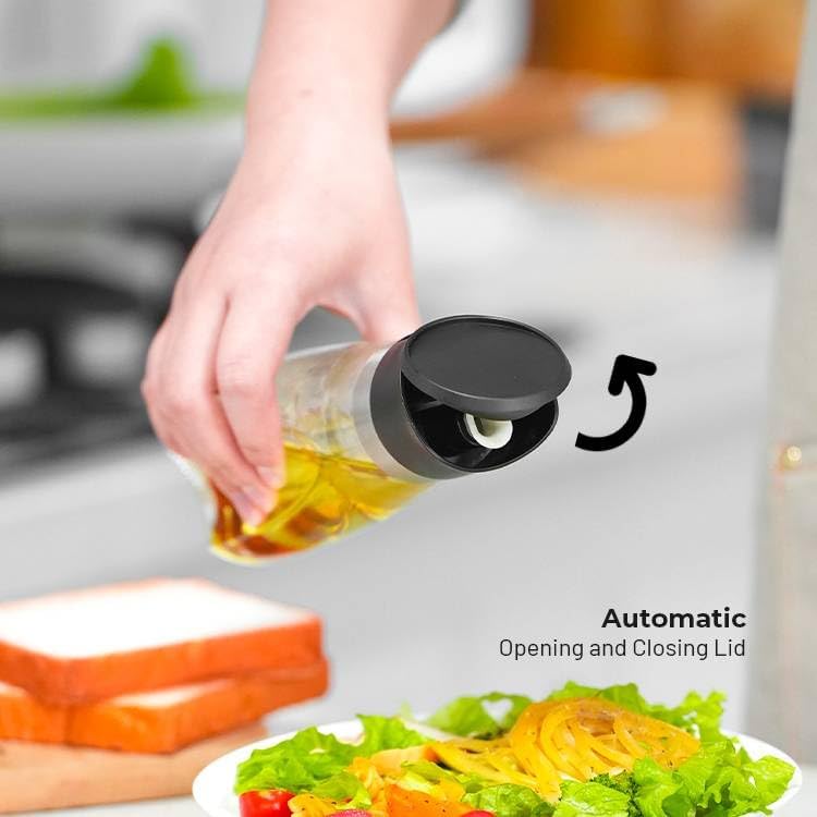 Premium Glass Olive Oil and Vinegar Dispenser Bottles Set, 2-Piece 16oz Kitchen Cooking Cruet with Auto-Open Lid, Non-Drip Pouring Spout, Oil Infuser Filter, Dishwasher Safe