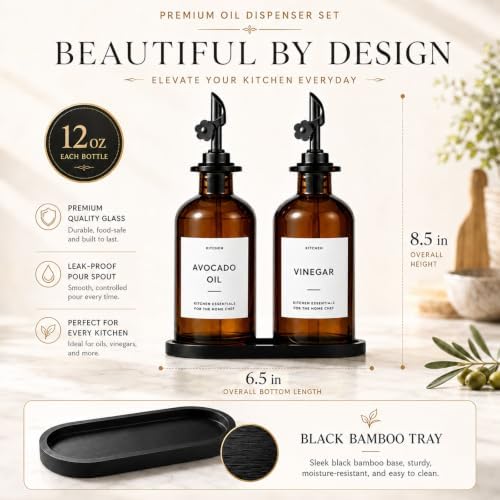 Olive Oil Dispenser for Kitchen, 2-Pack 12oz Glass Bottle with White Labels