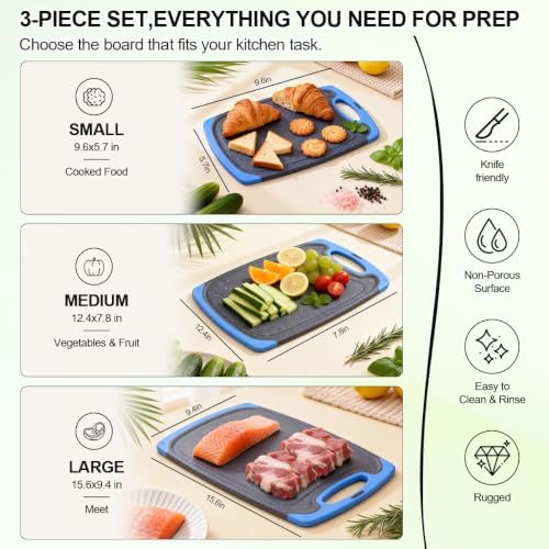 Viretang Non Slip Cutting Board Set For Kitchen, 3 Pieces, Dishwasher Safe
