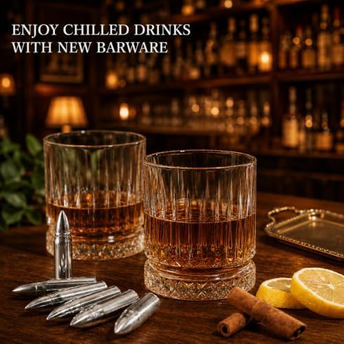 Whiskey Gifts for Men – Whiskey Glasses Set with 6 Stainless Steel Bullet Whiskey Stones, 2 Old Fashioned Glasses, Wooden Bourbon Gift Box, Premium Barware Gift Set
