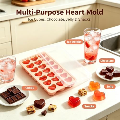 2 Pack Heart-Shaped Ice Cube Trays - 42 Holes Silicone Heart Ice Cube Tray with Lid, BPA Free and Dishwasher Safe, Mini Fun Ice Cube Mold, Easy to Remove (Pink + Blue)