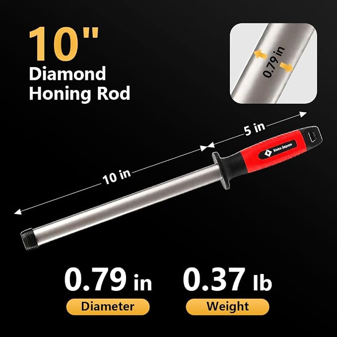 Kota Japan 10 in. Professional Diamond Knife Sharpener Rod for Kitchen, Hunting Knives or other Tools. Master Chef, Hunter or Home Gourmet. Diamond Steel Blade Sharpening Rod or Stick.