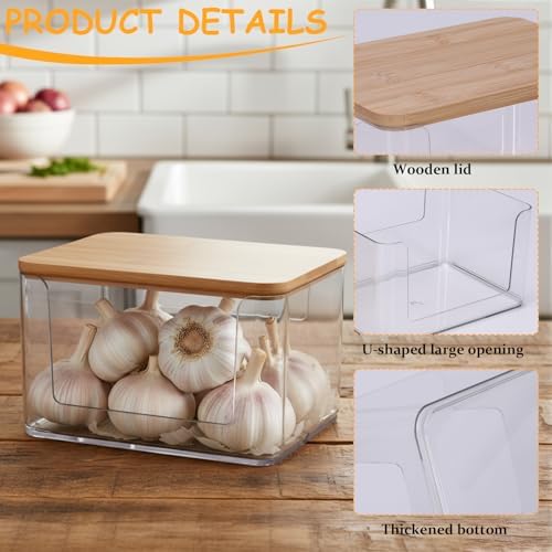 Garlic Keeper for Counter, Garlic Holder Countertop with Bamboo Lid, Garlics Storage Container to Keep Your Garlics Cloves Fresh Longer, Kitchen Accessories, Clear