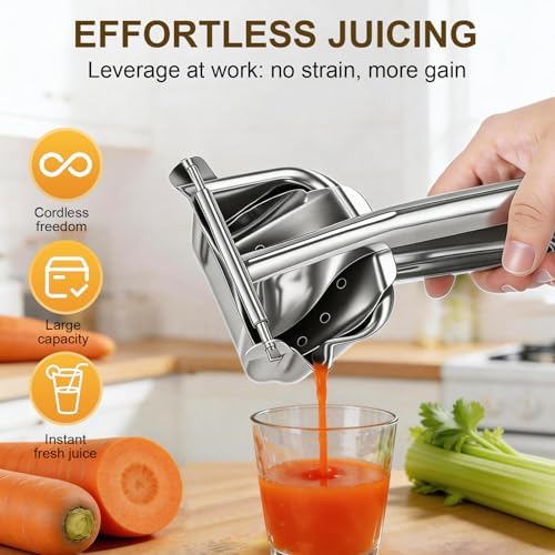 Premium Stainless Steel Manual Juicer - Heavy Duty Citrus Press & Fruit Lemon Squeezer, Effortless Hand Juicer for Oranges, Pomegranates & More, Dishwasher Safe