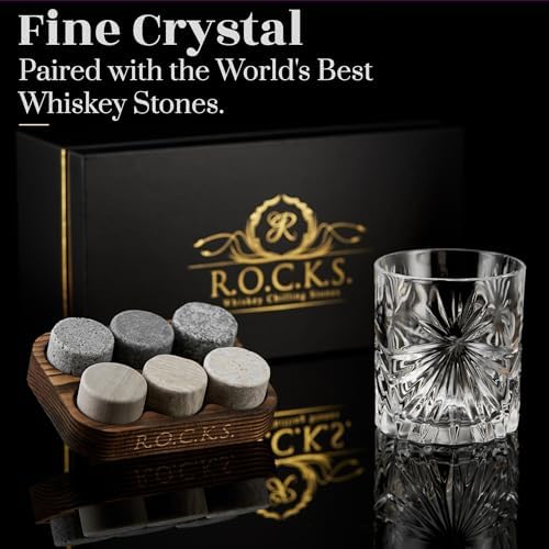 Whiskey Stones & Old Fashioned Cocktail Glass Gift Set - 6 Handcrafted Granite Round Chilling Rocks - Crystal Soleil Whiskey Glasses (11oz) - Hardwood Presentation Tray - Gold Foil Box