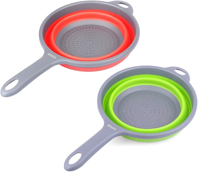 ZOER Kitchen Foldable Pasta Strainers,Collapsible Colanders with Handles,Space-Saver Folding Silicone Strainers Colander,Capacity of 2 quart (Green and Red)