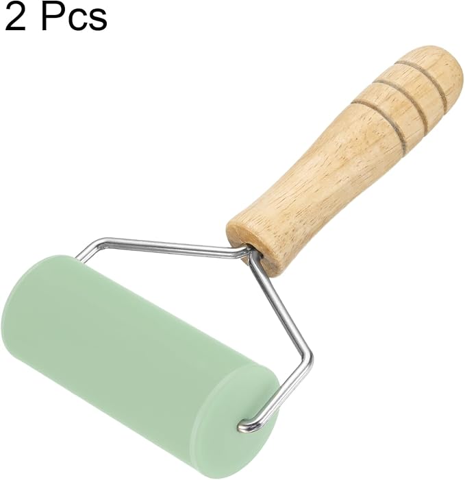 HARFINGTON 2pcs Rolling Pin 7.6" x 1.69" Silicone Roller Wood Handle Non-Stick Fondant Roller Dough Roller Rolling Pins for Baking Cookie Pastry Clay, Green