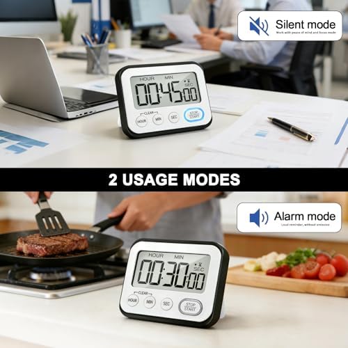 Digital Kitchen Timer Magnetic Loud Alarm, Large LCD Screen Silent/Beeping Multi-Function for Teachers Classroom Kids, Black