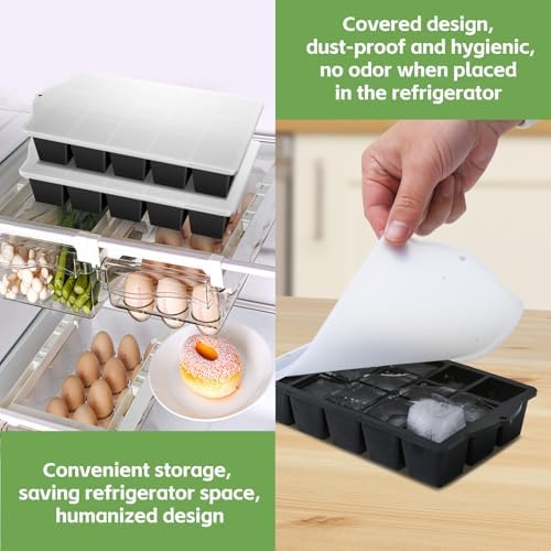 FANYITY Silicone Ice Cube Tray with Lid, Black, Pack of 4 Ice Cube Moulds, Silicone Mould, BPA-Free, Stackable Ice Cube Tray, Ice Cube Trays for Baby Porridge, Cocktail, Whiskey, Coffee