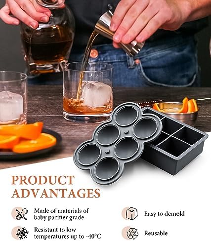 Silicone Large Ice Cube Molds (Set of 3), 6 Ice Ball Maker Mold, 6 Square Ice Cube Mold，4 Diamond, Reusable Whiskey Ice Mold, Ice Molds for Cocktails, Bpa Free, Freezer Ice Cube Tray (Grey)