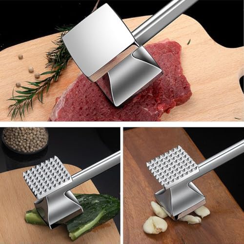 Meat Tenderizer, Stainless Steel Meat Tenderiser Hammer, Dual-Sided Heavy Duty, for Steak, Chicken, Pork, Fish 10.6 x 2.4 x 1.8in Silver