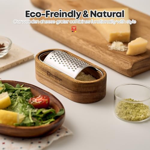 Wagensteiger Removable SUS304 Stainless Steel Cheese Grater with Wooden Container, Wooden Shredder, Citrus Zester, Perfect for Presenting Freshly Grated Cheese or Zest