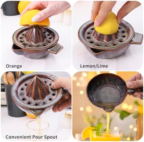 Lemon Orange Grapefruit Juicer Manual Squeezer Ceramic Hand Juicer Reamer Rotation Press with Strainer＆ 5oz Bowl, Pour Spout, Handle, Dishwasher Safe, Easy to Clean,Caramel Brown