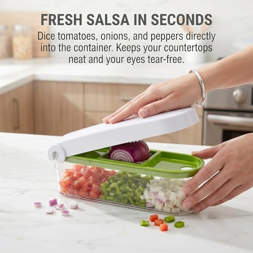 Vegetable Chopper - Manual Veggie Dicer and Food Cutter with 2 Stainless Steel Blades, 2-Cup Storage Container, Cleaning Tool - Onion Slicer, Fruit Salad Maker, Dishwasher Safe