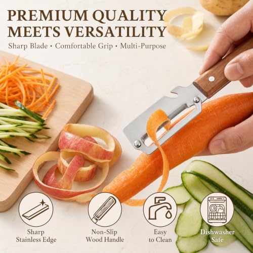 Upgrade Vegetable Peeler and Julienne Peeler Set, 2-Pcs Multifunctional Stainless Steel Veggie Peelers for Kitchen with Wood Handles & Built-in Bottle Opener, Sharp Potato, Carrot & Scallion Shredder