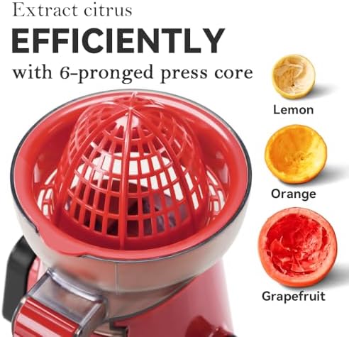 KEOUKE Manual Citrus Juicer Tower Red - Detachable with Juice Storage, Non-Slip Suction Base, Easy to Clean, Includes Cleaning Brush - for Oranges, Lemons, Limes, Grapefruits