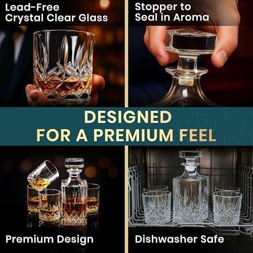 Whiskey Decanter Set for Men, Crystal Bourbon Decanter 24 oz with 4 Glasses