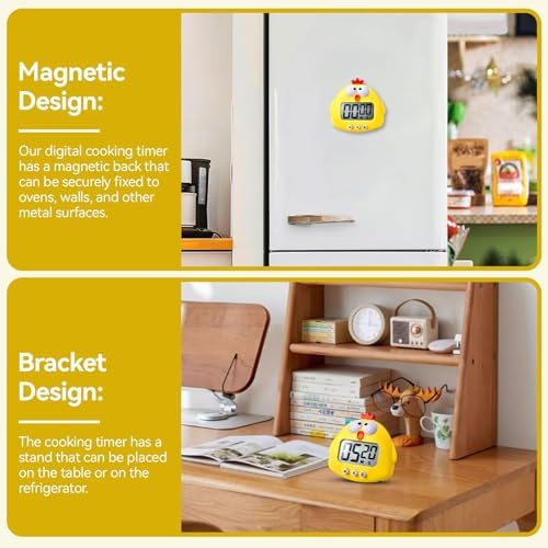 Cute Cartoon Animal Digital Timers, Countdown Timer Kid Timers LCD Display Magnetic Kitchen Timer with ON/Off Switches for Kitchen Cooking Bake Accessories(Yellow)