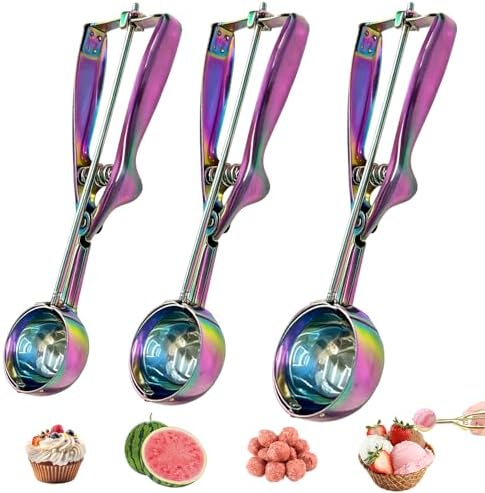 Ice Cream Scoop with Trigger Release, 304 Stainless Steel Cookie Scoops for Baking & Food Prep, Easy to Clean Dishwasher Safe Scooper for Ice Cream, Cookie Dough, Fruit and Meatballs（Colorful 3pcs)