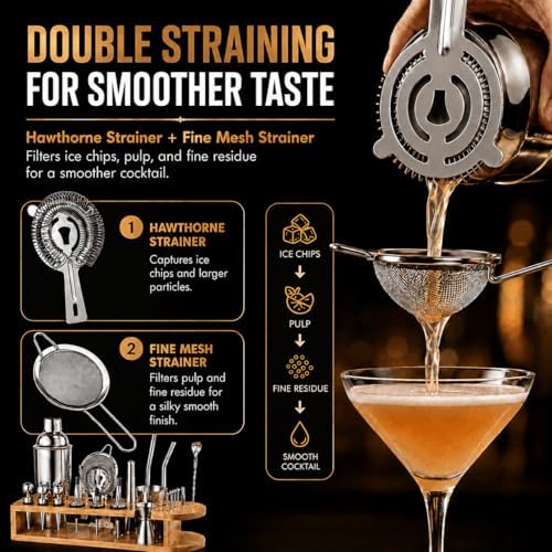 Semderm Cocktail Shaker Set, 26-Piece Premium Mixology Bartender Kit - 18/8 Stainless Steel Bar Set with Bamboo Stand - Includes Mixing Tin, Hawthorne & Mesh Strainer - Professional Gift for Men