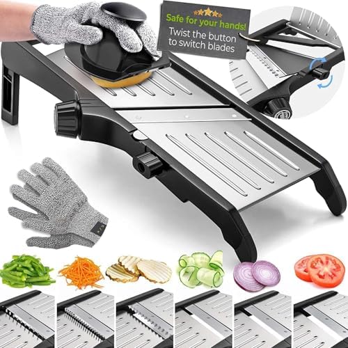 Adjustable Mandoline Slicer for Kitchen, Potato Cutter, Vegetable Chopper, Mandolin, Cucumber Slicer- INCLUDING one Pair Cut-Resistant Gloves and Waffle Fry Cutter