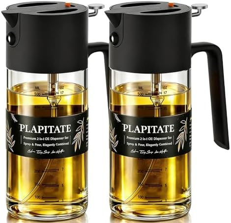 PLAPITATE 2Pcs 17oz Premium Olive Oil Sprayer for Cooking, 2 in 1 Glass Olive Oil Dispenser Bottle for Kitchen Gadgets, Spray Bottle with Portion Control for Salad, Frying, BBQ (2 Black)