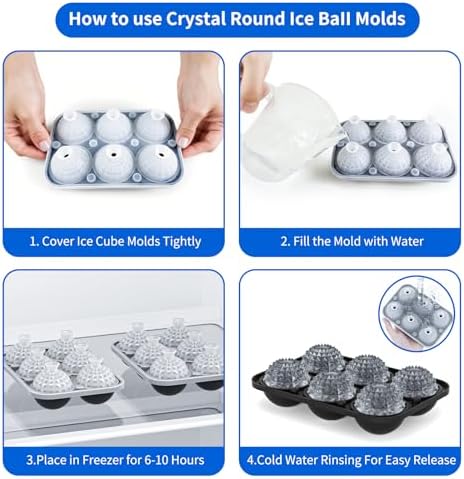 6 Chamber 1.83” 3D Crystal Round Ball Ice Cube Tray With Funnel,Large Circle Ice Molds Silicone Fun Shapes Whiskey Sphere Ice Tray,For Chilling Whiskey,Cocktails,Bourbon,Brandy and Beverages
