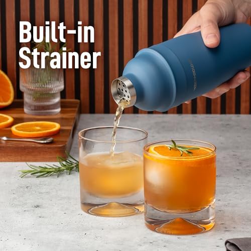 Modern Mixology 24oz Matte Blue Cocktail Shaker Set – Bartender Essentials with Built-In Strainer, Cap, Jigger for Martini, Margarita, More – Luxury Drink Mixer Kit for Bar, Gift for Men and Women