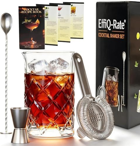 Professional 24 Oz Cocktail Mixing Glass Set - Thick Bottom Crystal Clear Bar Tools with Strainer, Jigger (15/30ml), Spoon & Recipe Guide