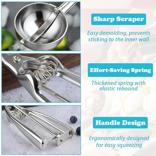 Gold Ice Cream Scoop 304 Stainless Steel Cookie Scoops for Baking Melon Baller with Trigger 3 Sizes (Silver, S)