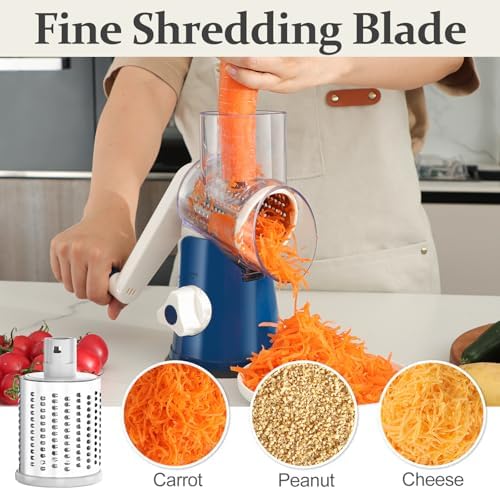 Cambom Rotary Cheese Grater Hand Crank Cheese Shredder for Fresh Cheese, Vegetable, Nuts,Non-slip Suction Base, Five Blades, Dark Blue