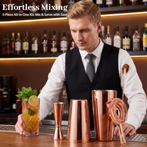 Boston Cocktail Shaker Set, 18 oz & 28 oz 2-Piece Tins, 304 Stainless Steel Bartender Kit 5-Piece Bar Tool Set with Recipe Book, Perfect for Novices & Pros, Home and Bar Use (RoseGold)