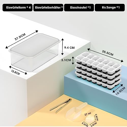 DOQAUS Ice Cube Tray with Lid and Bin, 4 Pack Silicone Plastic Iced Cubes Trays for Freezer with Box/Container, Stackable with Storage Ices Bucket, Tong, Scoop, for Baby Food, Cocktail, Coffee