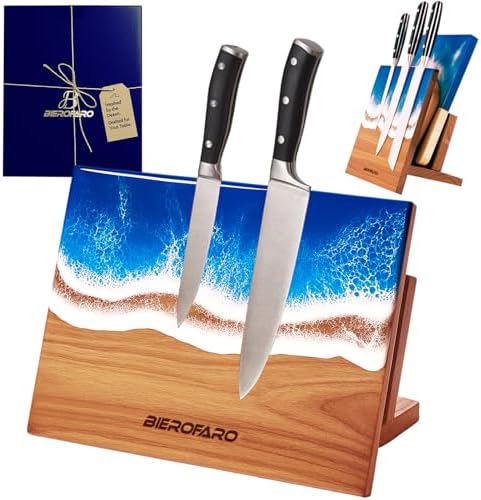 Wooden Magnetic Knife Holder – Freestanding Knife Block with Cutting Board Holder, Countertop Magnetic Knife Stand in Acacia Wood with Resin Design