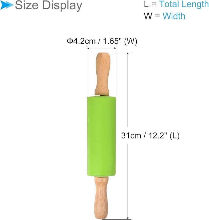 Silicone Rolling Pins, 12.2" Length, Silicone & Oak Non-Stick Ergonomic Wooden Handle Fondant Dough Roller Green - (Applications: for Baking DIY Projects)
