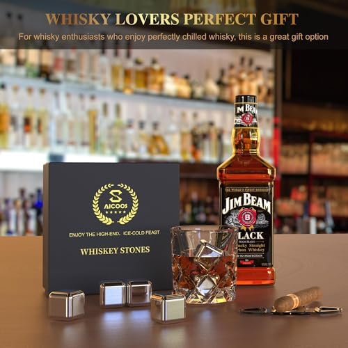 Gifts for Men Dad - Whiskey Stones Reusable Metal Steel Ice Cubes Set - Him or Husband White Elephant Stocking Stuffers for Adults Man - Cool Bourbon Anniversary Funny (16Pcs Ice)