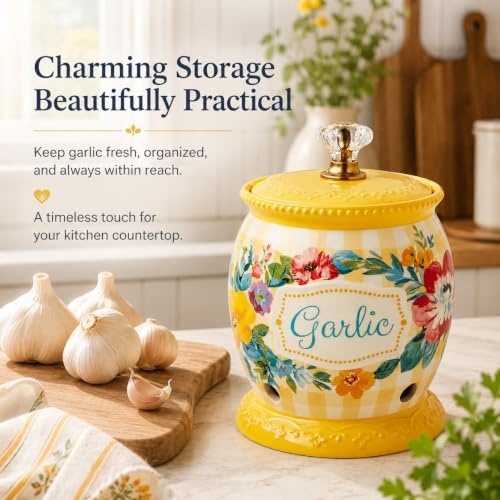 Garlic Keeper Ceramic with Lid Ventilated Floral Yellow for Kitchen